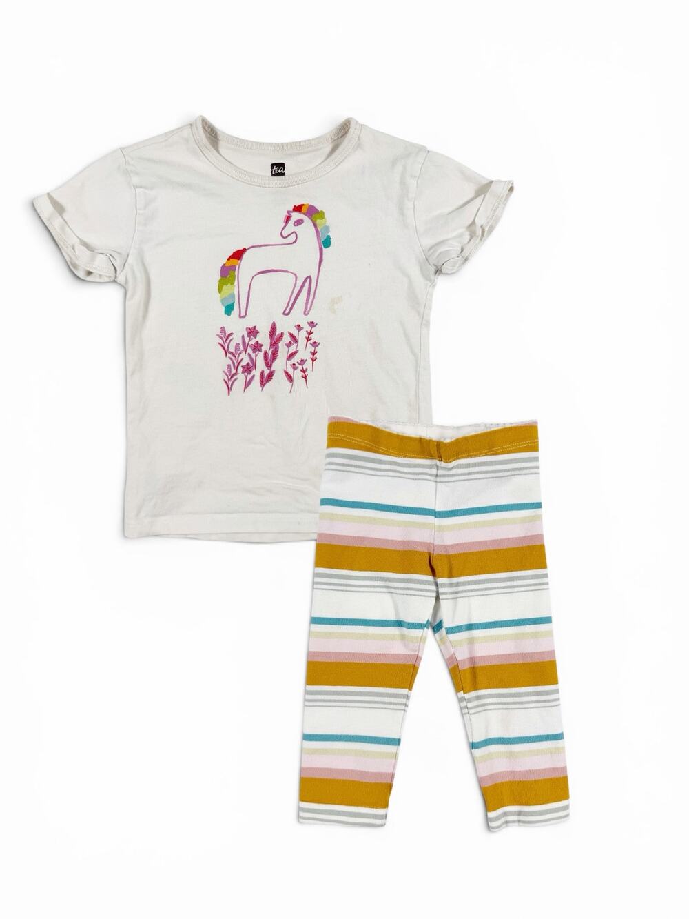 Tea Collection Rainbow Horse Tee & Striped Cropped Leggings Outfit Size 4